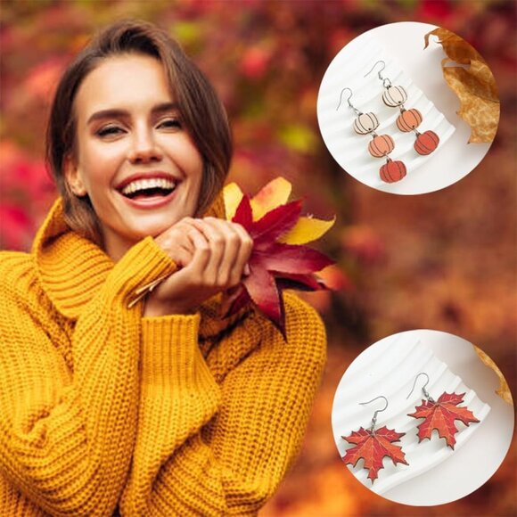 24PCS Thanksgiving Earrings Set Autumn Fall Earrings for Women, Wooden Maple Lea - Picture 5 of 6
